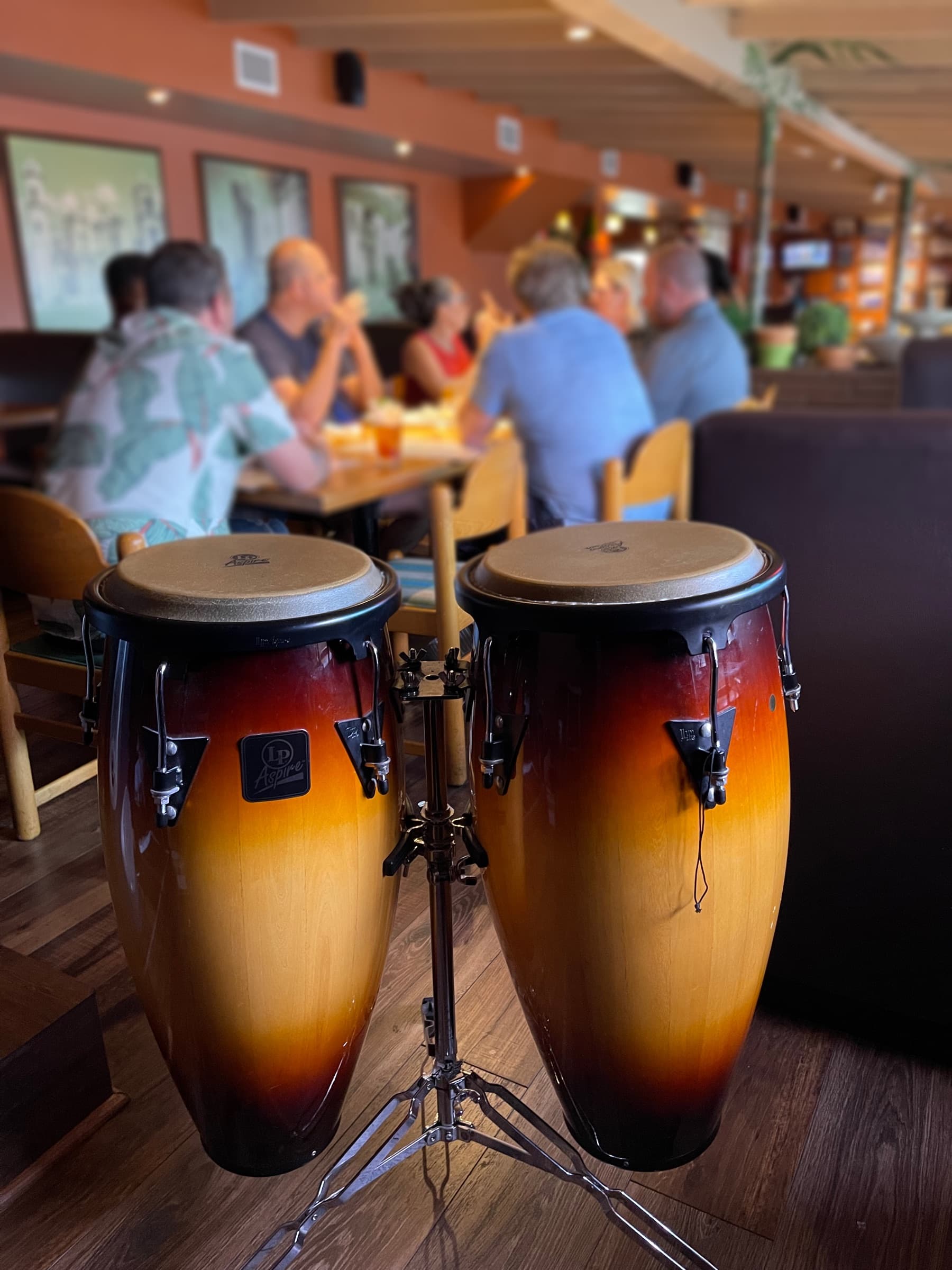 A pair of conga drums on a stand in the dining room, with guests eating at a table behind them
