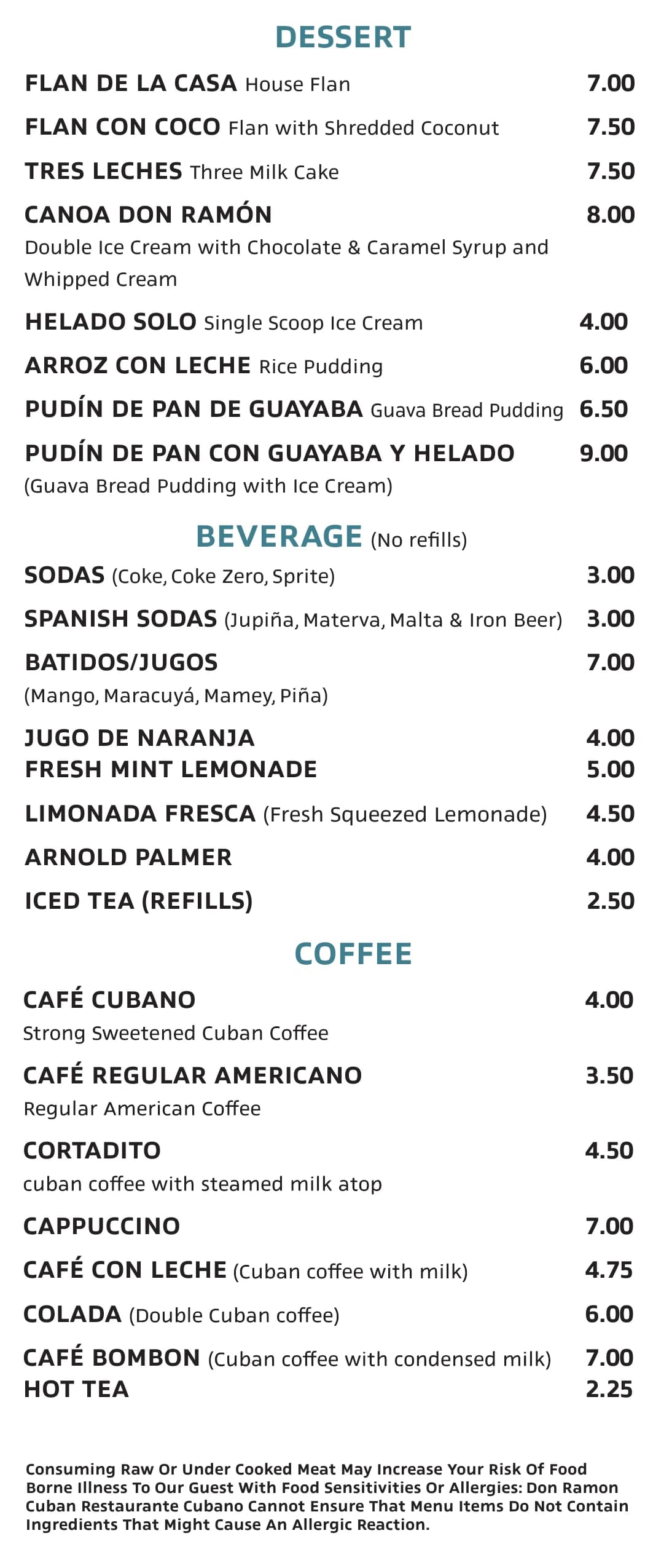 Menu panel: desserts, beverages and Cuban coffees