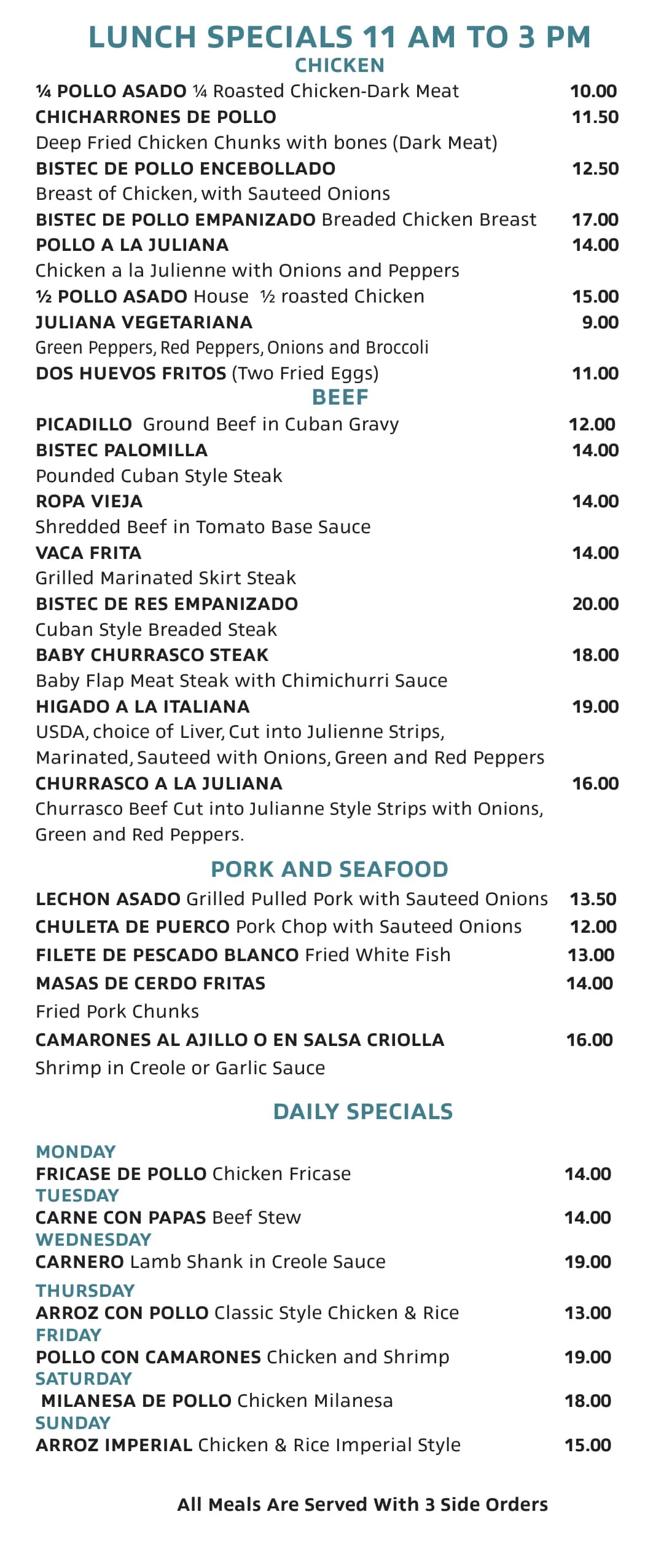 Menu panel: lunch specials and daily specials